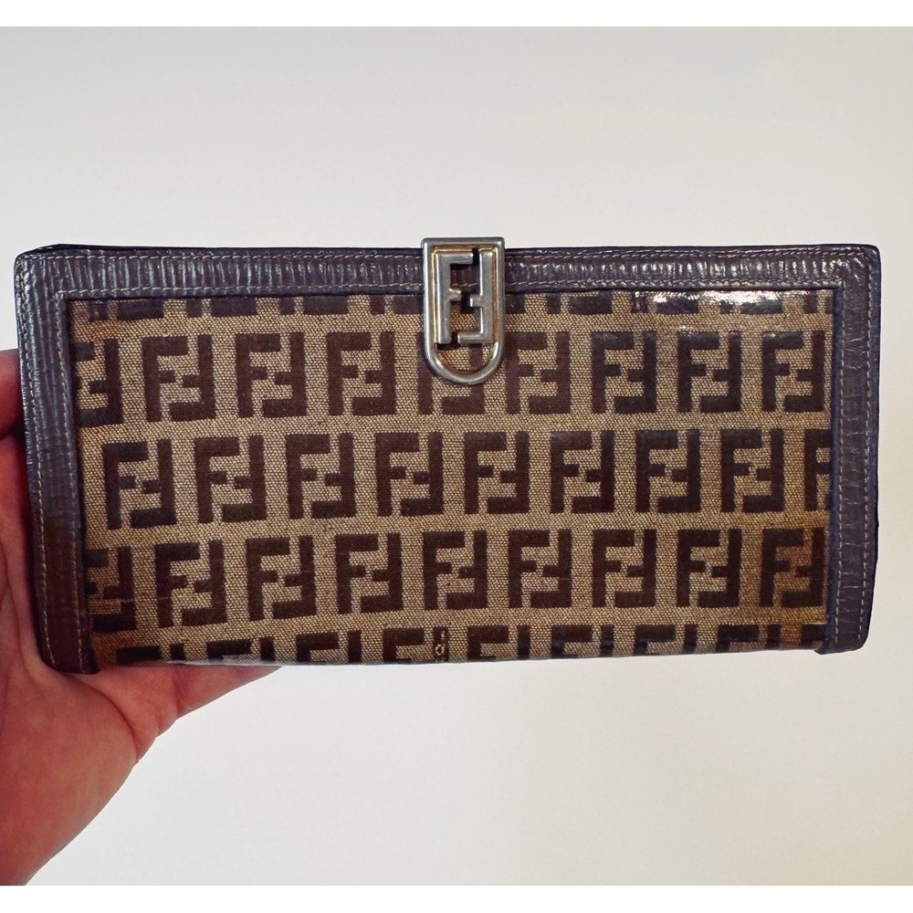 Fendi FF Monogram Leather Wallet Beige / Brown 7.25" Length X 4.75 Height